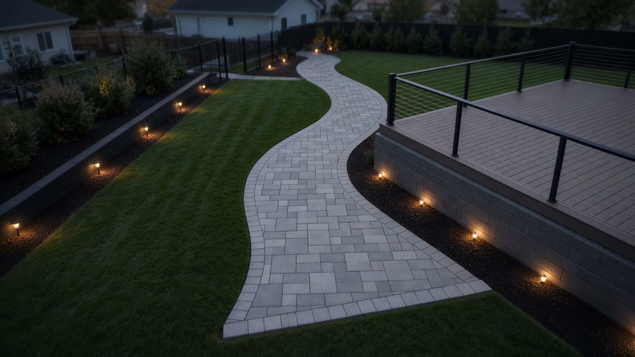 Overhead dusk walk along a finished gray paver course curving through a backyard