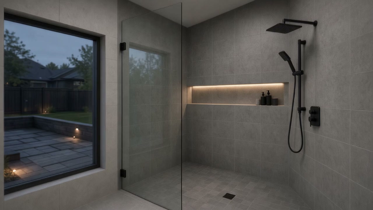 A finished walk-in shower interior, frameless glass, no people