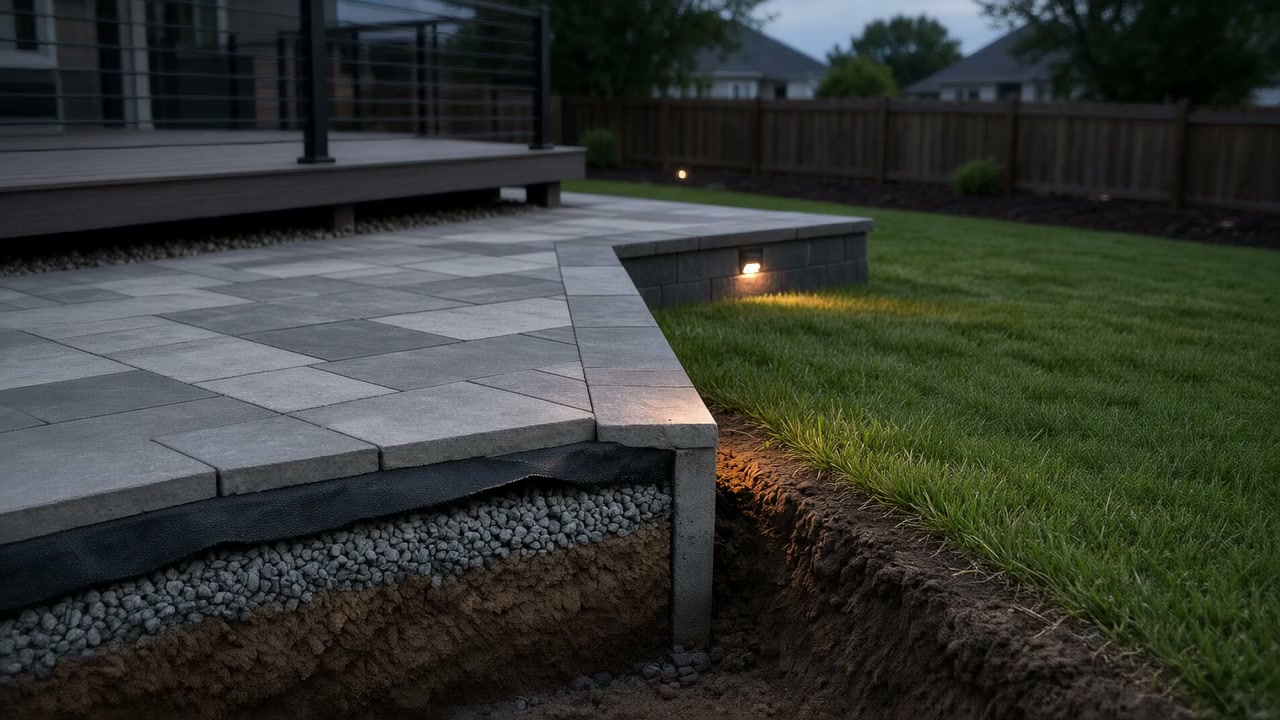Cross-section of a patio build rising from trench and aggregate to the finished pavers at dusk