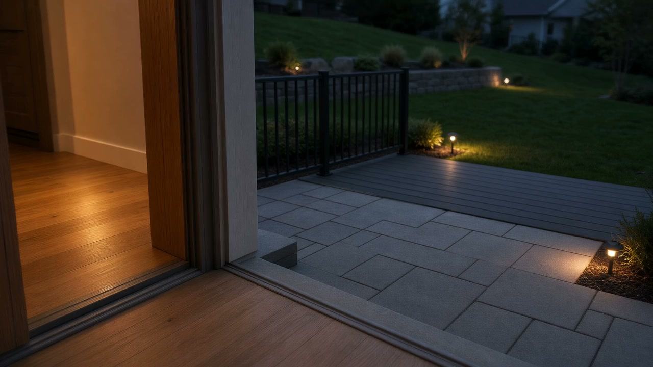 A finished back door at dusk, interior oak floor and exterior paver patio in one frame