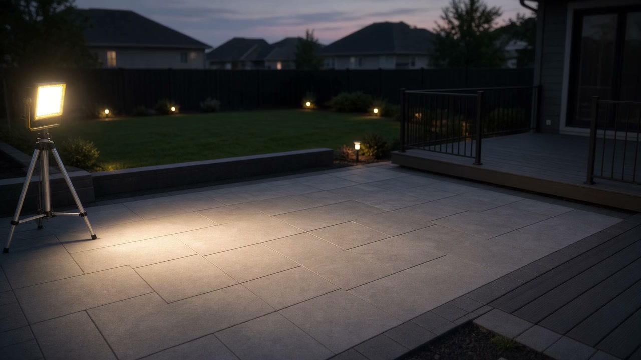 An LED work light on a tripod at the edge of a finished patio at dusk