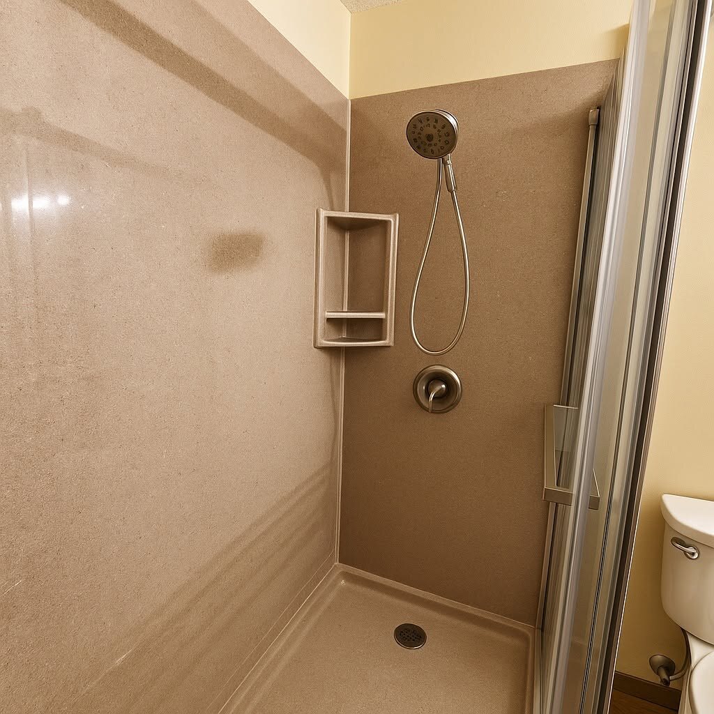 This is the tan solid-surface shower, looking at the handheld head.