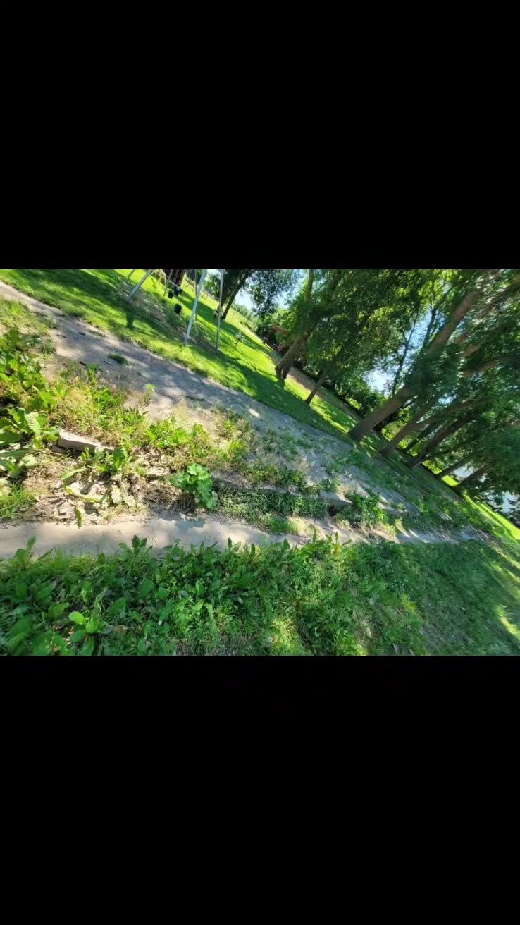 Park path with grass, trees and a swing set in view.