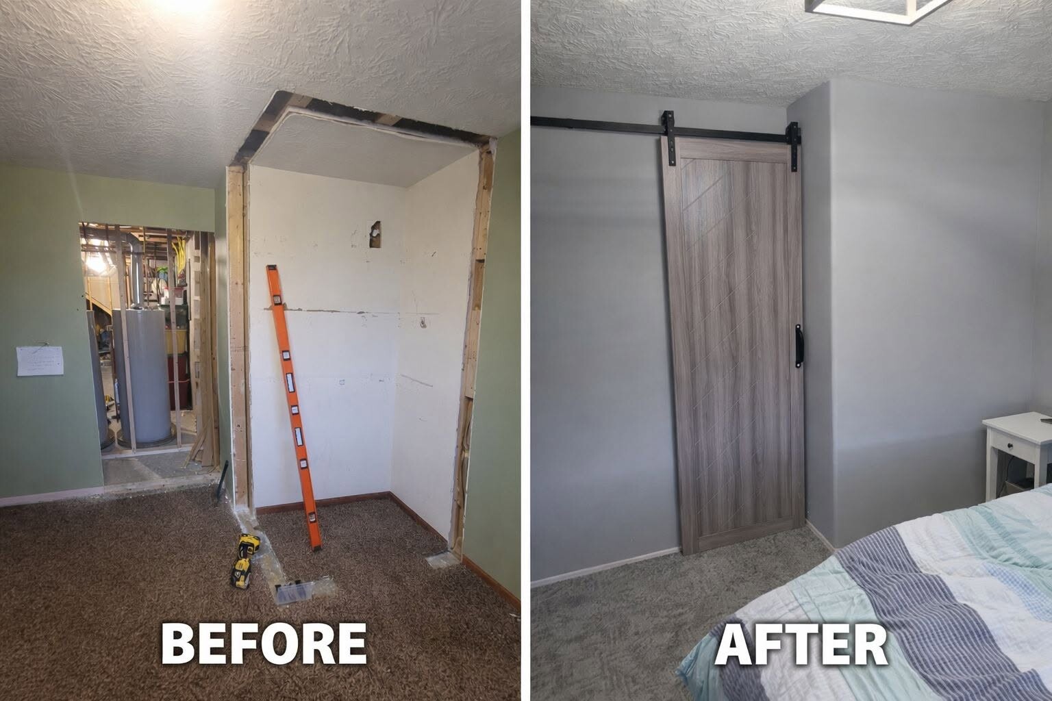 Before and after comparison of a closet rebuilt with a sliding barn door